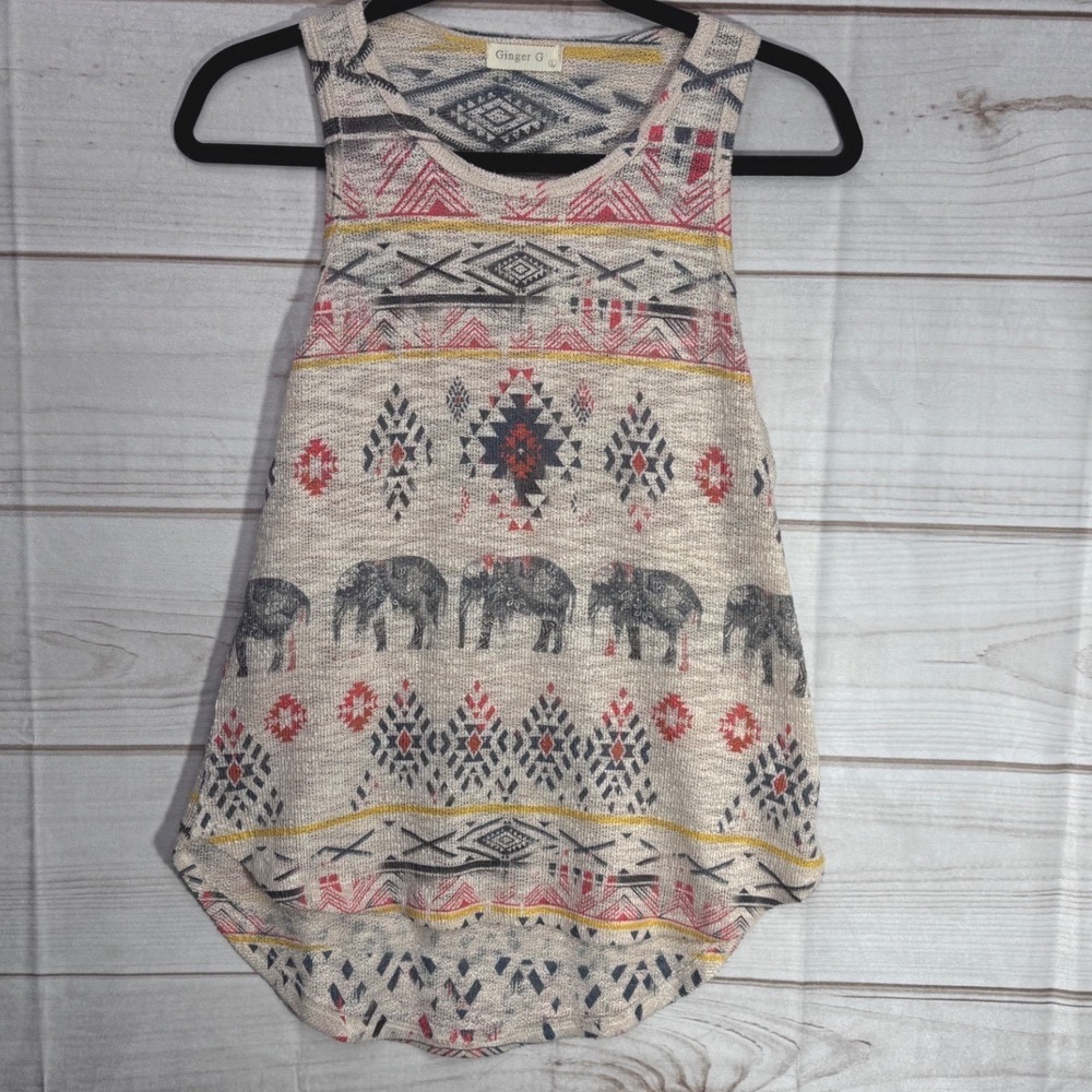 Ginger G Womens Elephant Tribal Print Racerback Tank Top High Low Hem L Boo